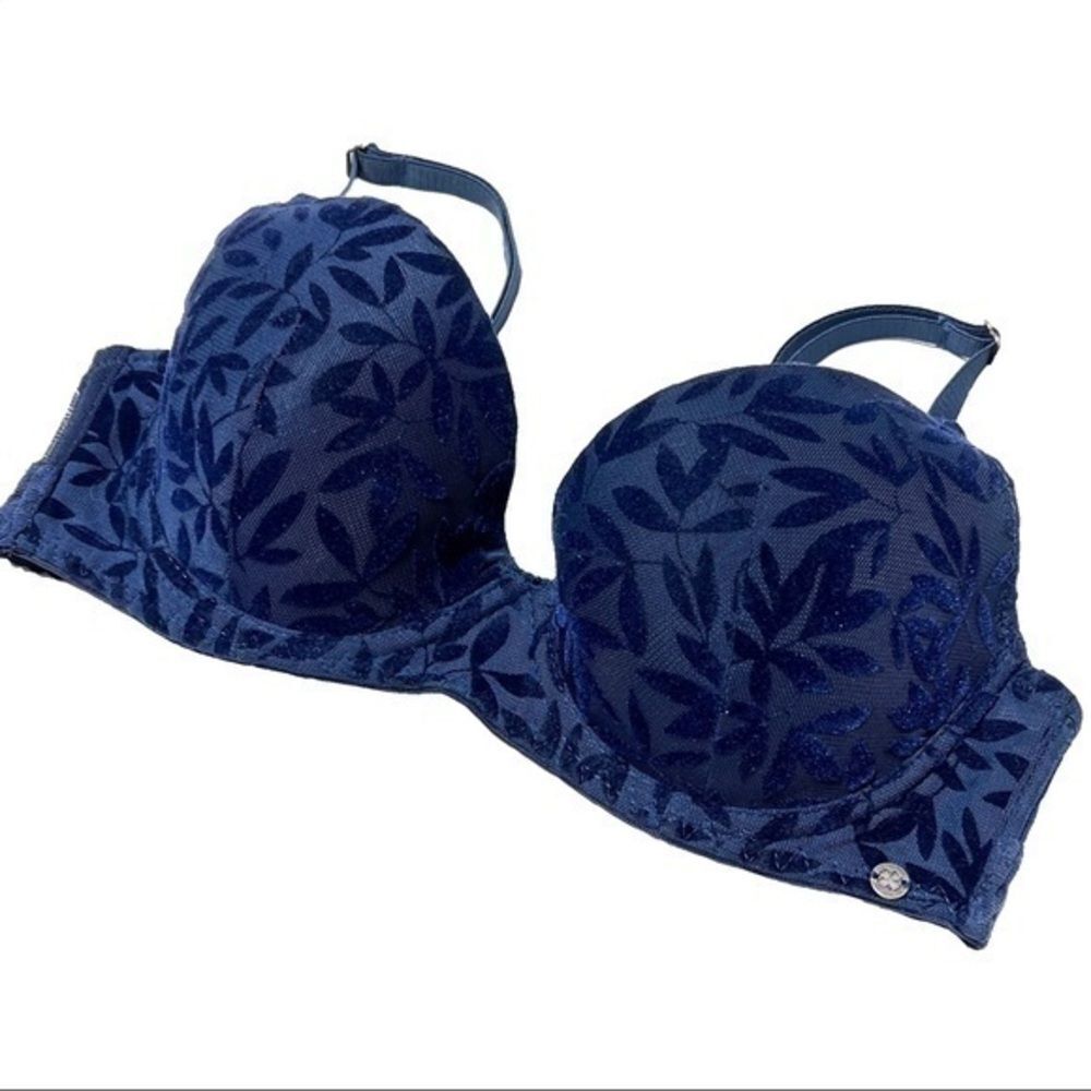 Lucky Brand Navy Blue Underwire Velvet Burnout Leaves Floral Cup Bra Women's 34B